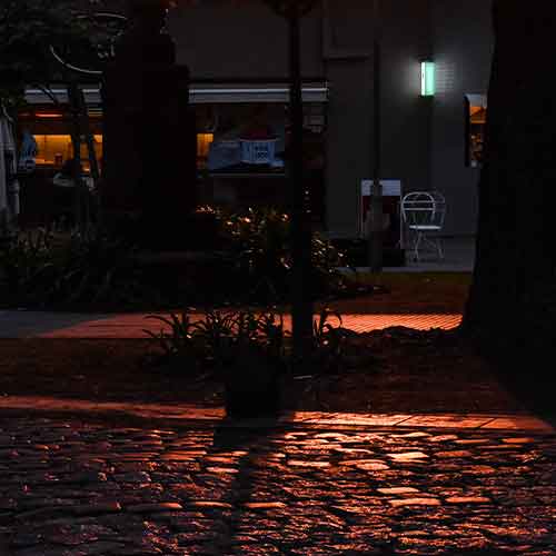 Calle adoquinada de noche, alumbrada por los faroles de la ciudad